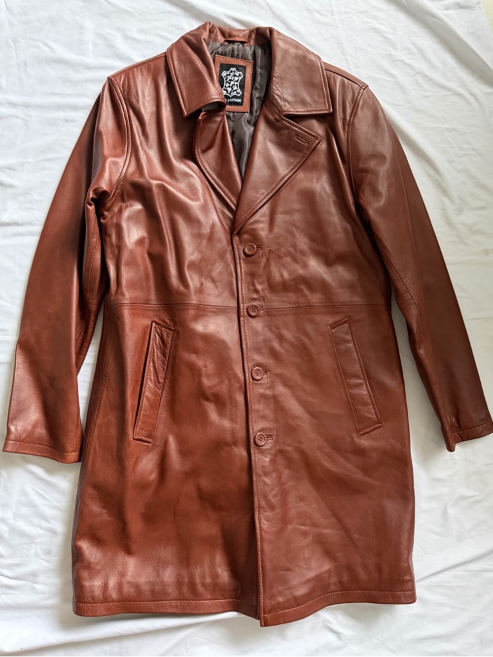 Men's Tan Leather Trench Coat - Classic Button-Front Overcoat